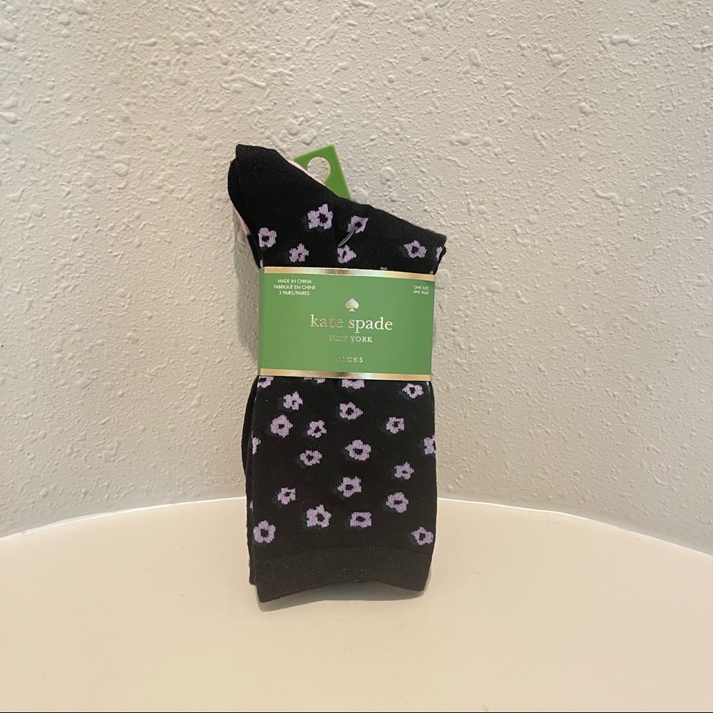 Kate Spade 3 Pair Crew Women’s Socks/Black floral Burgundy dots Sz OS NWT